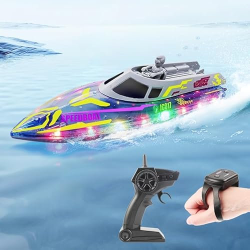 3T6B Bateau Télécommandé, 2.4 GHz Bateau Telecommandé avec Lumières LED, Haute Vitesse RC Bateaux avec 2 Batterie Rechargeable, Alarme de Batterie Faible,20Km/h, Jouet pour Piscines et Lacs