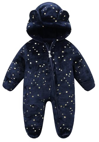 NEAWEALY Baby fleece overall flickor pojkar varm vintersparkdräkt nyfödda fotjumpsuit småbarn snödräkter med huva, Marinblå, 3-6 månader