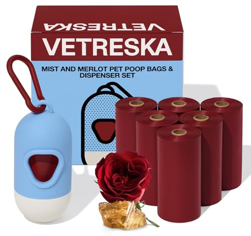 VETRESKA Dog Poop Bag with Dispenser, Leak Proof, Extra Thick Pet Waste Bags for Dog Walking and Cat Litter, Rose & Amberwood Scented, 1 Count Bag Holder and 105 Bags (7 Refill Rolls)