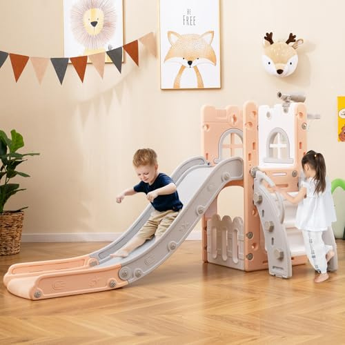 GOPLUS 6 en 1 Toboggan Interieur Enfants avec Panier de Basketball, Télescope, Espaces de Cachette et Rangement, Aire de Jeux Intérieur Exterieur Idéal pour Tout-Petits 1-3 Ans (Rose)