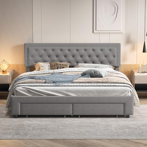 FOERPL Letto king size 180 x 200 cm, con contenitore idraulico e 2 cassetti, letto matrimoniale 180 x 200 cm con testiera e telaio del letto, velluto, design moderno (senza materasso)