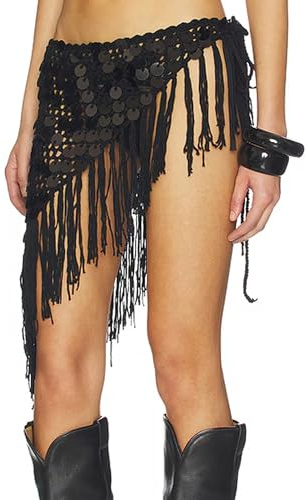 Womens Sexy Crochet Sequin Fringe Cover up Skirt Knitted Cutout Asymmetrical Bikini Cover Ups Swimsuit Wrap Sarong with Tassel