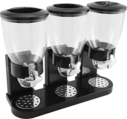 Micvtve Distributeur de nourriture sèche triple conteneur pour aliments secs en plastique récipient pour aliments noirs Modern et élégant 44 x 16 x 35 cm