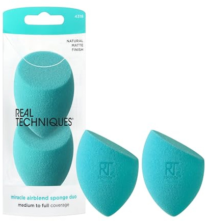 Real Techniques Miracle Airblend Make-up-Schwamm, matter Make-up-Schwamm, für flüssige, cremige und Puderprodukte, bietet mittlere bis volle Abdeckung, Grundierungsschwamm, latexfreier Schaum, 2 Stück
