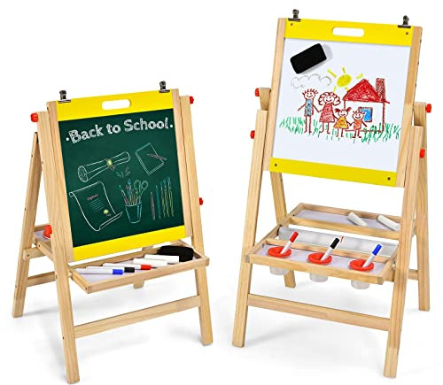 RELAX4LIFE Cavalletto Pittura per Bambini, Lavagna a Doppio Lato in Legno, Altezza Regolabile in 5 Posizioni, con Gessetto, Penne/Gomma per Lavagna e Rotolo di Carta, 50,5x53,5x79-104 cm (Giallo)