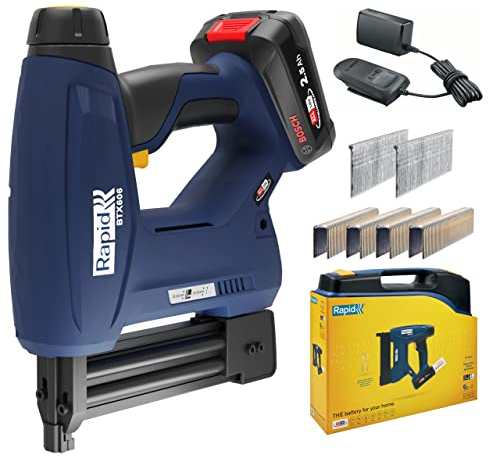 Rapid BTX606 18V Graffatrice Alimentata a Batteria con Luce a LED, Adatta a Lavorare su Legno, Include 200 x Chiodini, 200 x Graffette, Batteria, Caricabatterie e Valigetta (5001502)