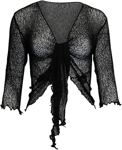 Kiran Fashion Womens Tie Up 3/4 Sleeve Ladies Fine Knit Bolero Cropped Stretchy Shrug Top Jacket Cardigan One Size (UK, Alpha, One Size, Regular, Regular, Black)