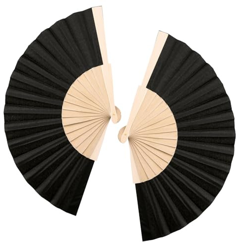 GWHOLE Eventail Noir en Bois, 2pcs Éventails à Main en Tissu Polyester Solide Moderne, Evantaille Personnalisable DIY pour Cadeau Decoraion Mariage Homme Femme Enfant