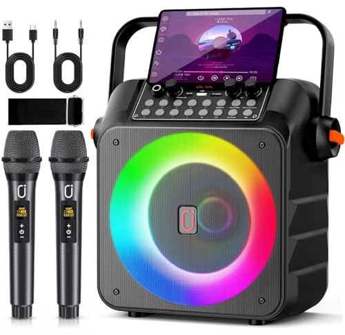 HWWR Karaoke Machine for Adults, Portable Bluetooth Speaker with 2 Wireless Microphones, 6.5 Subwoofer, LED Lights, PA System with Karaoke Microphone Support REC/USB/AUX for Home Party