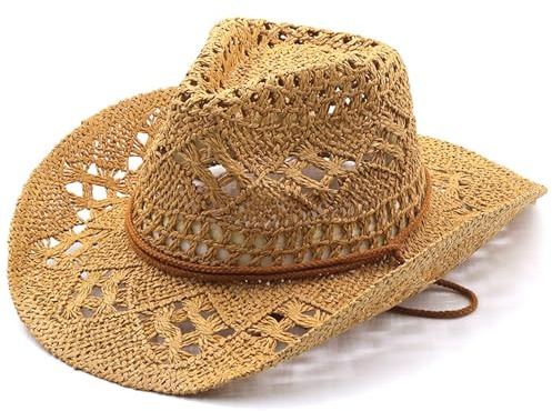 Gcroet halm cowboyhatt brett brätte västerländsk halm cowgirlhatt vävd andningsbar halmhatt med hakrem solskydd kaki cowboyhatt för strandpicknick vid havet
