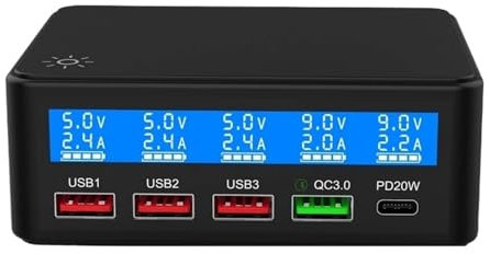 Caricatore Multiplo, usb veloce QC PD da 65 W Stazione di ricarica intelligente a 5 porte Hub Adattatore di ricarica rapida Caricatore USB C Caricabatterie da tavolo con display