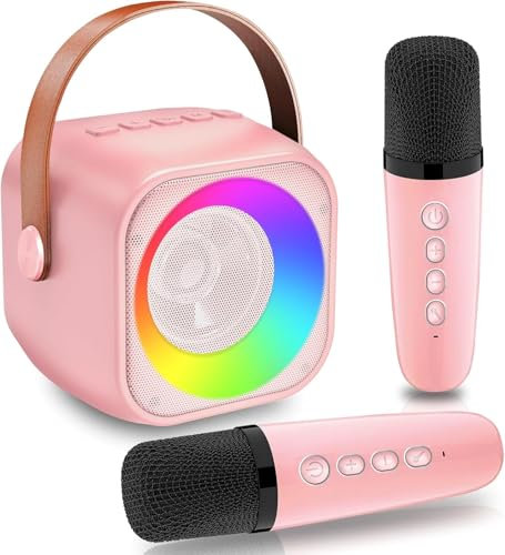 Mini Karaoke Machine for Kids Adults, Portable Bluetooth Speaker with 2 Wireless Microphones, Microphone and Speaker Set with Disco Light for Home Party Christmas - Pink