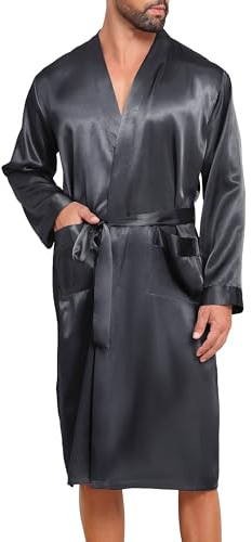 Lovasy Peignoir Homme Satin Robe de Chambre en Soie Léger à Manches Longues Peignoir de Bain kimono Doux et Confortable Vêtement de Nuit avec Ceinture et Poche,A-Gris foncé,L
