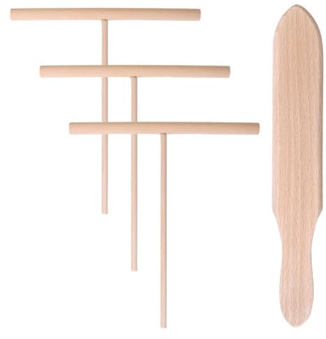Qusedwey Set di 4 Spatole In Legno A Forma di T per Spalmare L'Impasto per Pancakes e Crêpes, con Distributore di Legno, Utensili da Cucina di Colore Legno per Creare Crêpes Uniformi.