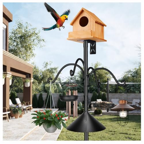 92 Inch Metal Bird Feeder Pole with Squirrel-Proof Baffle, 4 Hooks & 2 Feeding Trays - Heavy Duty 5-Prong Base Outdoor Birdhouse Stand, Garden Bird Feeding Station (Black, 92inch)