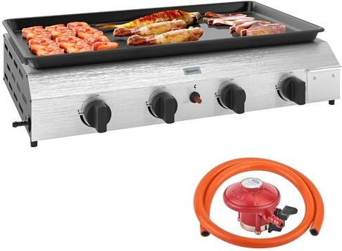 Outsunny Gas Plancha Barbecue Grill with 4 Stainless Steel Burners, 9.6kW, Portable Tabletop Gas BBQ with Non-Stick Griddle for Camping, Picnic, Garden, Party, Festival, Silver Tone