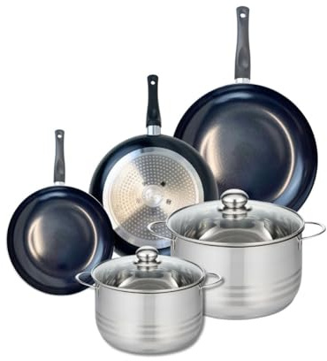 ELO 9741750 Batterie de cuisine 5 pièces, Ensemble de 3 Poêles de cuisson 20, 24 et 28 cm et 2 faitouts 20 et 24 cm Elo Prima Brillant, inox, induction, Noir