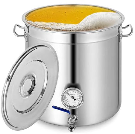 Premium bryggkittel i rostfritt stål med lock, inbyggd termometer och kulventil - Perfekt för hembryggning, öltillverkning, matlagning och utomhusbruk