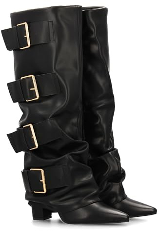 Stivali alti da donna con fibbie e effetto fodera. Punta sottile e tacco comodo, stile moderno ed elegante, ideale per la stagione ottonale invernale., Nero , 41 EU