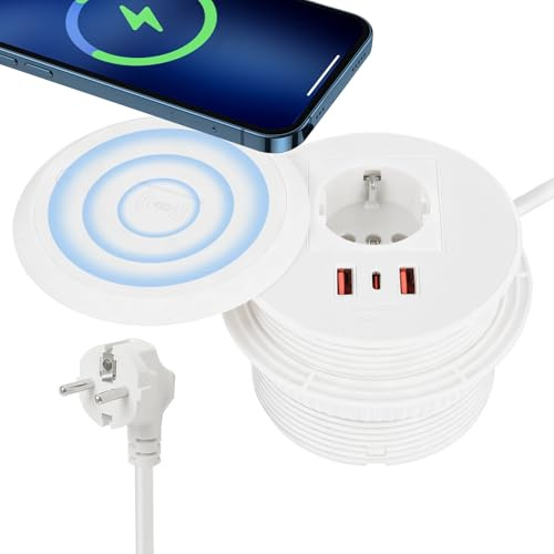 Inbyggd strömremsa med USB C PD 20W och 15W trådlös laddning, inbyggt uttag med lock och USB, versenkbar strömuttag för köksbräda, Ø 90 mm