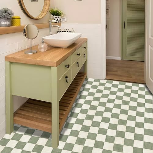 Alwayspon 30x30cmx10Stück Selbstklebender Bodenbelag Peel and Stick Vinyl Aufkleber, rutschfeste wasserdichte Vinyl Bodenfliesen Dekor für Küche Badezimmer Wohnzimmer, Weiß Grün Karo