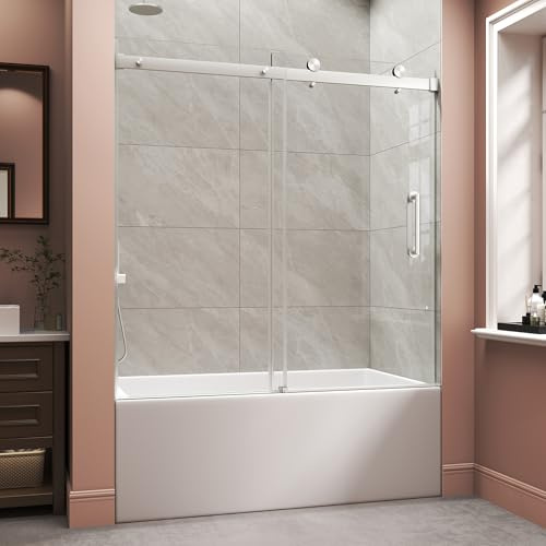 Frameless Bathtub Shower Door, Tub Sliding Door with Nano Coating & Safety Film, 1/4 (6mm) SGCC Tempered Glass，Adjustable 55-60 W x 60 H, Brushed Nickel