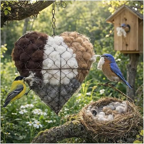 GiGAWOOD Handmade Fiber Bird Nesting Heart, Refillable Birds Haven 1 Heart Shape Hummingbird Nesting and 2 Bags of Nest Materials, Winter Fowl Gifts Animal Hummingbirds Lovers Home Garden Yard (1Set)