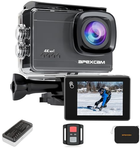 Apexcam M90 Action Cam 4K 60FPS 64MP WiFi EIS Sport Camera Touchscreen Fotocamera Subacquea 40m Impermeabile 8X Zoom 2,4G Telecomando 2x1350 mAh Batterie Set di Accessori