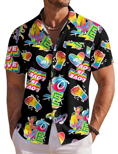 VVNTY Pride T Shirt Mens LGBT Rainbow Print Button Down Shirts Retro Summer Gay Short Sleeve Tops