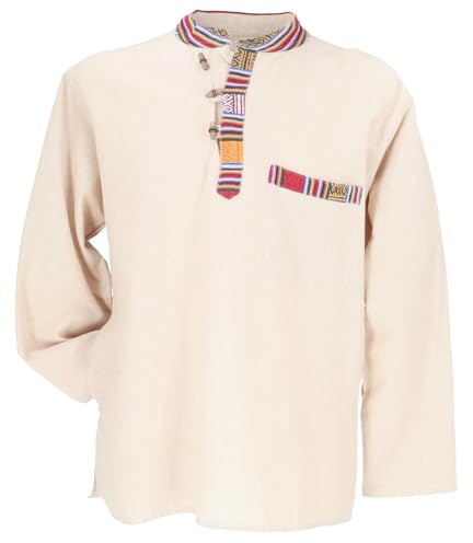 GURU SHOP Nepal etnisk fiskarskjorta, Goa-skjorta av bomull, män, svart, kräm, M