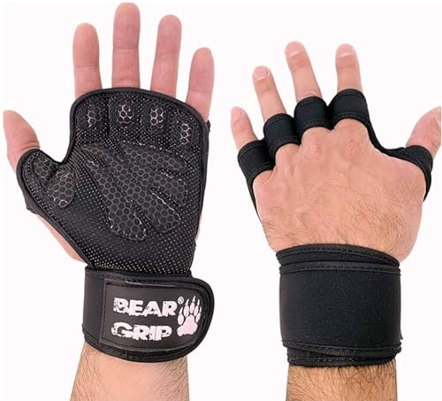 BEAR GRIP - Guanti da allenamento aperti con protezione extra sul palmo per crossfit, bodybuilding, callisthenics, powerlifting (nero, L)