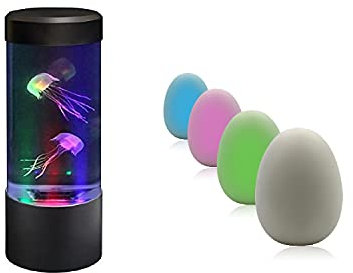 Playlearn Sensory Light Up Set 1 x Mini Fake Jellyfish Aquarium Mood Lamp Tank & Colour Changing Eggs (pack 4)