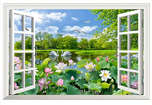 Fausse Fenêtre Tableaux Panoramique sur Toile. Cygne Lotus d'Eau Fenetre Vue 3D Paysage Tableau Impression nature sur toile.Tableau d'art mural Image sur toile 40x60cm(16x24in)sans cadre