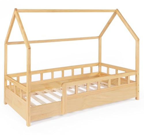 IDMarket - Lit cabane Enfant 80 x 160 CM NEREE Bois avec sommier et barrières