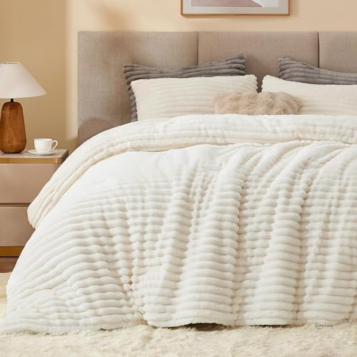 BEDELITE Juego de edredón de Forro Polar tamaño Queen, Ropa de Cama Blanca esponjosa, súper Suave y cálida, Juego de Cama Pesado de Lujo para Invierno con 2 Fundas de Almohada