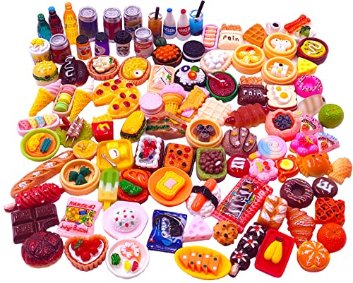 100pcs Miniature Food Drinks Bottle Toys Dollhouse Mixed Resin Accessories for Adults Kids Kitchen Accessories for Pretend Play (Hamburger, Pizza,Cake,Ice Cream,Bread)