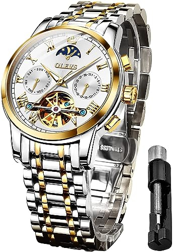 OLEVS Automatische Herren-Armbanduhr, Skelett, Tourbillon, mechanisch, selbstaufziehend, Luxus-Kleid, Armbanduhr, Mondphase, Tag, Datum, Zweifarbiges Armband und weißes Zifferblatt, Mechanisch