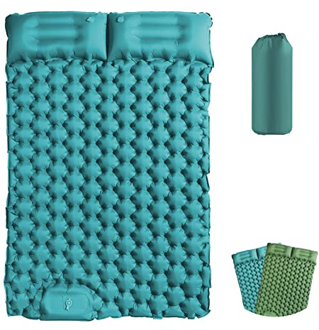 EXLECO Esterilla Camping Doble 123cm Colchoneta de Camping Inflable Exteriores Colchón de Aire Portátil con Almohada Colchoneta para Dormir Colchones Camping Autoinflable para Senderismo Tienda Azul