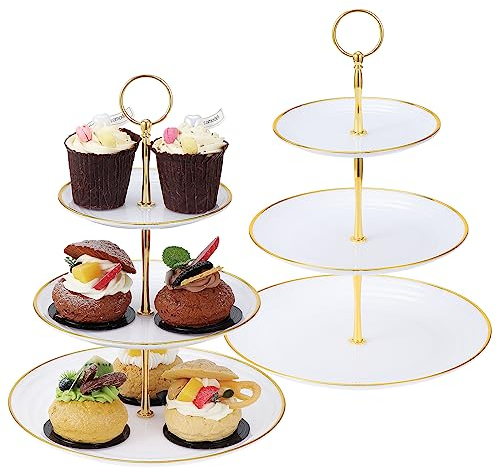 TsunNee - Juego de 2 exhibiciones para tartas de 3 plantas para cupcakes, platos de postre, pasteles, frutas, galletas, dulces, bandeja de servir de pisos para Navidad, boda