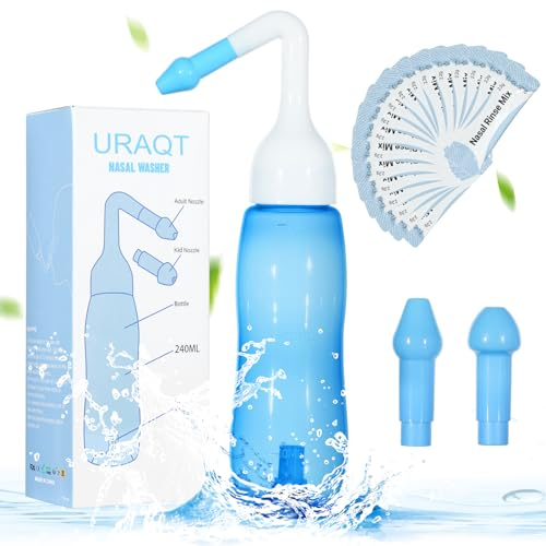 URAQT Lavado Nasal Adulto, Irrigador de 240ml Con 2 Boquillas, Neti Pot Con Sal y Termómetro Pegatina, Limpiador Para Niños y Adultos, Alivio Congestión y Limpieza