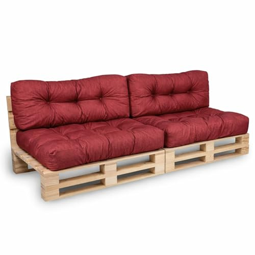 bananair - Cuscini per Pallet - Tessuto Idrorepellente e Anti-UV - Confortevole, Imbottito in Schiuma - Cuscini per Divano Esterno Giardino (2 Sedili 120x80 cm + 2 Schienali 120x40 cm, Rosso)