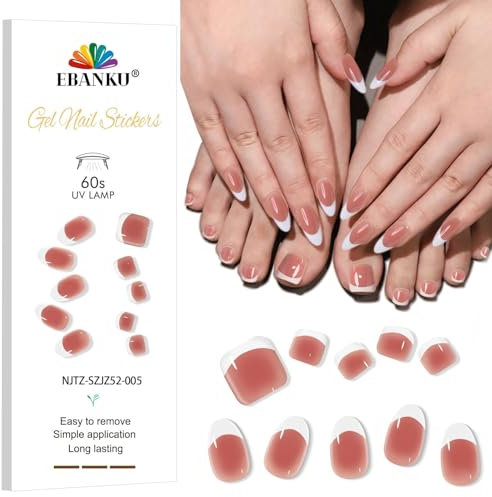 EBANKU Semi Cured Gel Strips, 24PCS Stickers 28PCS Pedi Wraps - Long Lasting, Easy to Apply & Remove for Salon-Quality Pedicure | French White B