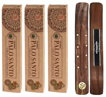 Aromasenses | 3 lådor Goloka Organic Palo Santo + 1 aromatiska rökelsehållare | 100 % naturlig rökelse i masala | ekologisk | Avkoppling | Meditation | Yoga