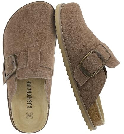 CUSHIONAIRE Blain Genuine Suede Clogs for Women | Slip-On Mules with Memory Foam & Oversized Buckle | Non-Slip Comfort Clogs & Mules Shoes for Women, Taupe 6.5