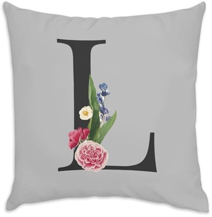Léa Louna Lara - Cuscino in velluto grigio con lettera alfabeto, nome fiori, 40 x 40 cm, in velluto, con federa e cuscino inclusi