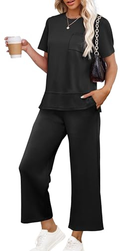 OFEEFAN Lounge Sets for Women 2 Piece Summer Outfits Fashion Travel Short Sleeve Tracksuit Wide Leg Loungewear Cropped Pants Matching Clothing Set Resort Wear Women's Beach Vacation Clothes Black L