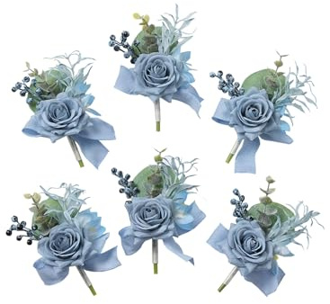 Meldel Dusty Blue Rose Boutonniere for Men,Set of 6,Groomsmen Groom Boutonnieres for Wedding Corsage Ceremony Anniversary, Formal Dinner Party, Fall Vintage Rustic Marriage Prom Flower