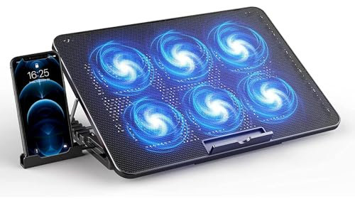 Laptop Kühler, 6 Leise Fans Gaming Cooler Kühlpads, 5 Höhenverstellbar & Handyständer, 2 USB Ports & Einstellbarer Geschwindigkeit, Lüfter for Notebook Under 17 Zoll, Stabil und Leise