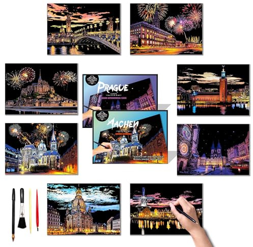 DESINIK Scratch Painting Art Paper - Scratch Art for Adults & Teens: Premium DIY Craft Kit with Tools - Creative Adult& Teens Crafts for Home Decor & Stress Relief（European Series I） A4