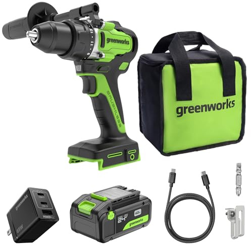 Greenworks 24V Bürstenloser Akku-Bohrschrauber 90 Nm, 21 Stufen, mit 4.0Ah USB-C Akku (24.000 mAh Powerbank) & 65W USB-C Schnellladegerät, DD590
